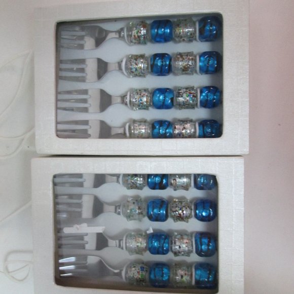 Wild Eye Designs Appetizer Art Glass small Forks silverware blue 2 Sets NEW NIB - Picture 6 of 9